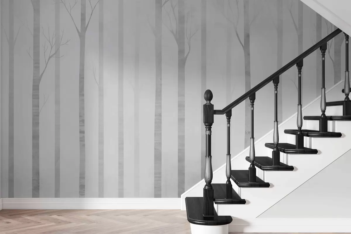 fototapet Trunchiuri de copaci în ceață în scară de gri w03386