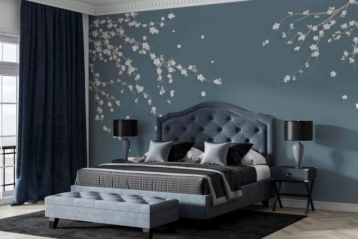 fototapet Ramură înflorită pe fundalul unui perete în stil grunge albastru w03393v1