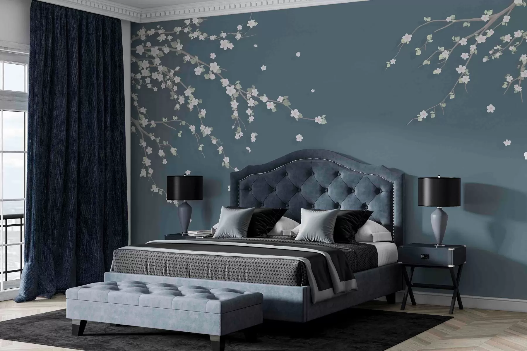 fototapet Ramură înflorită pe fundalul unui perete în stil grunge albastru w03393v1