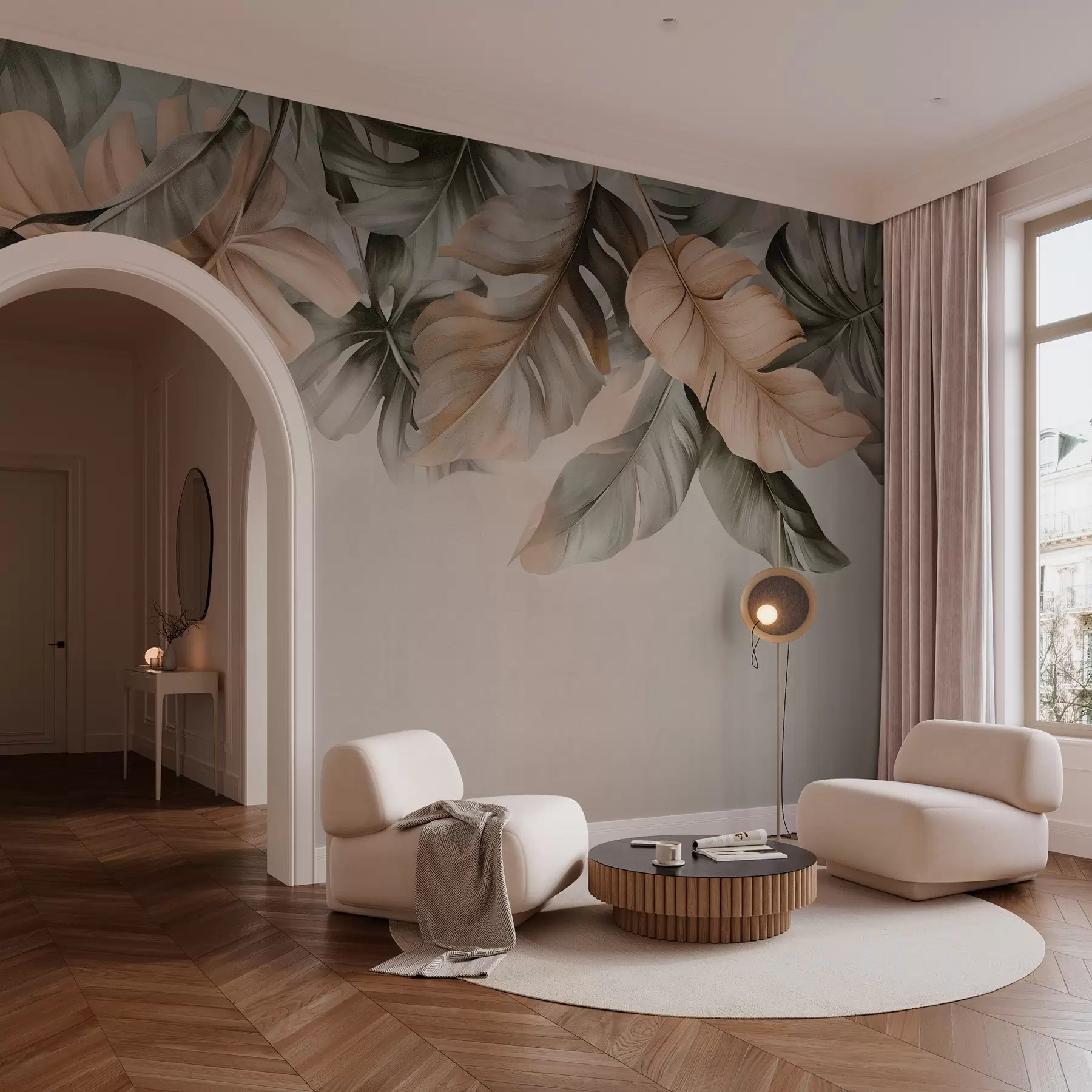 fototapet Frunze tropicale atârnând din partea de sus, pe un fundal texturat w03290