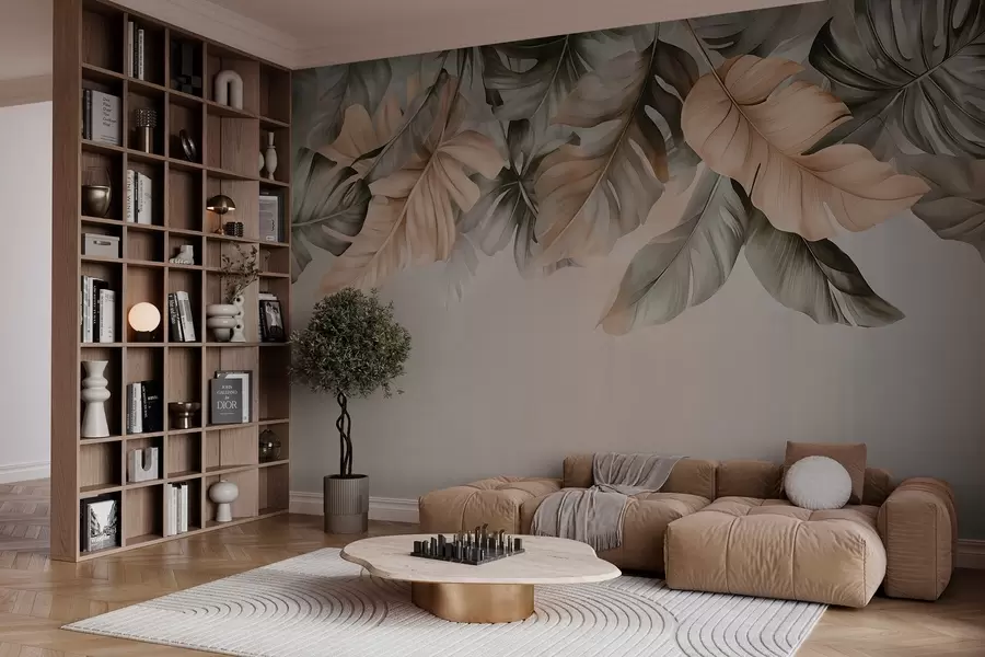 fototapet Frunze tropicale atârnând din partea de sus, pe un fundal texturat w03290