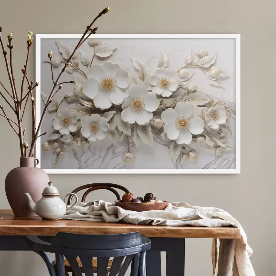 fototapet flori albe 3d în stil clasic cu un accent galben f43313