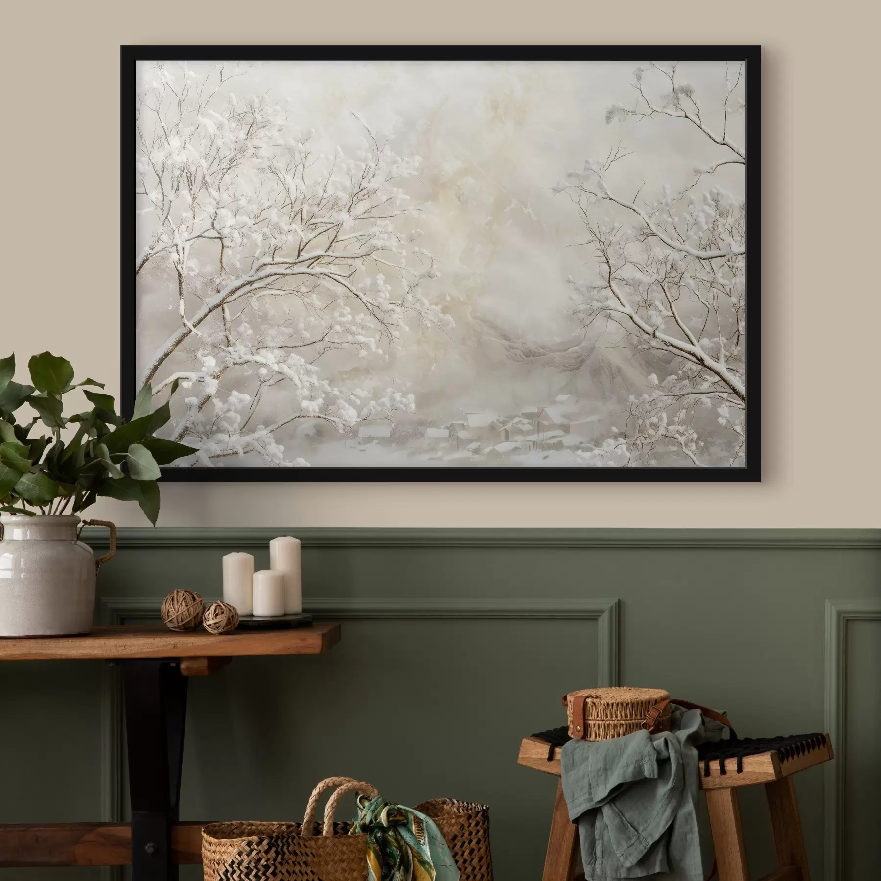 fototapet Ramuri de iarnă cu zăpadă pe fundalul unui sat de iarnă f43321