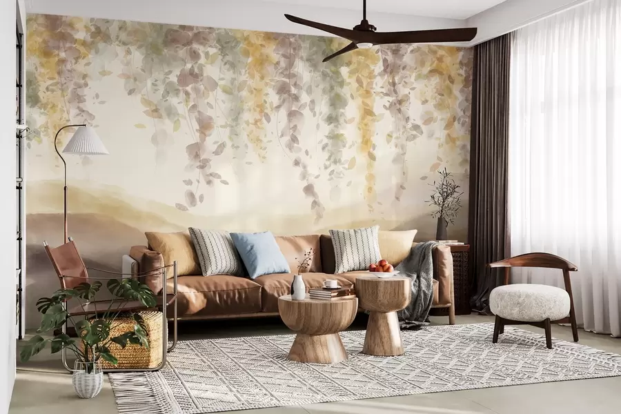 fototapet Wisteria frunze agățat peste munți blured, moale pastel galben și maro culori, peisaj stil acuarelă w08909v1