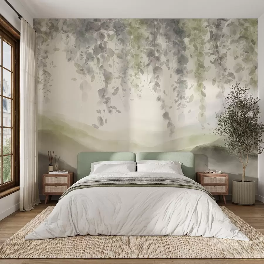 fototapet Wisteria frunze agățat peste munți blured, moale pastel verde și bej culori, peisaj stil acuarelă w08909v2