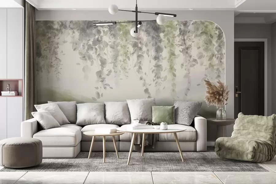 fototapet Wisteria frunze agățat peste munți blured, moale pastel verde și bej culori, peisaj stil acuarelă w08909v2