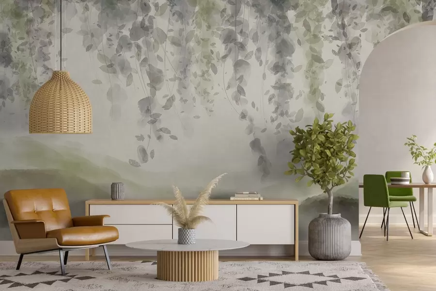 fototapet Wisteria frunze agățat peste munți blured, moale pastel verde și bej culori, peisaj stil acuarelă w08909v2