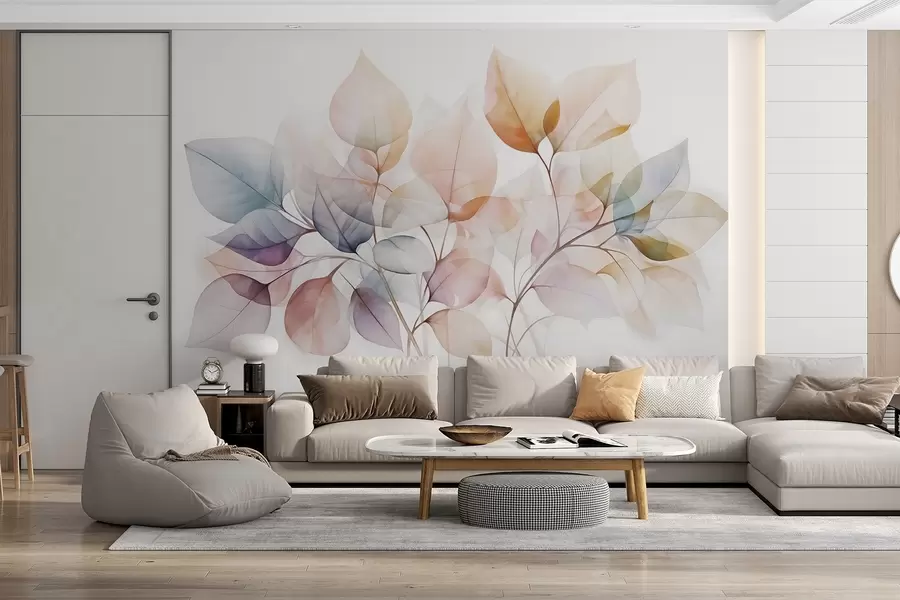 fototapet Tablou acuarelă cu frunze translucide în culori pastelate, cu nuanțe de roz, alb, violet și albastru w08910