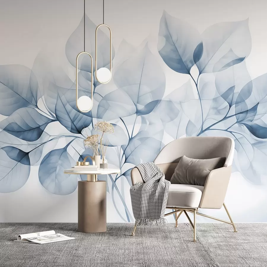 fototapet Pictură acuarelă de frunze translucide în culori pastelate, cu nuanțe de alb și albastru w08910v1