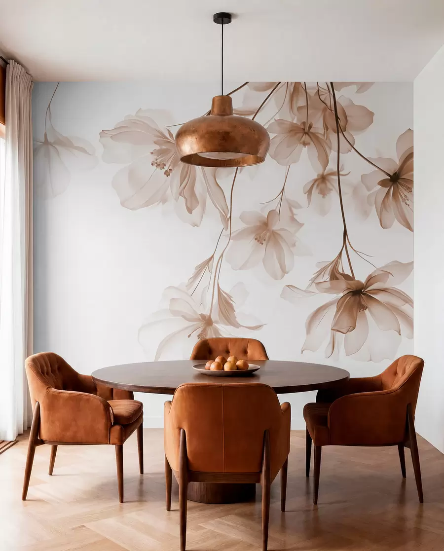 fototapet Flori bej cu petale translucide agățate de o ramură, bej și alb, compoziție de artă modernă minimalistă w08911v1