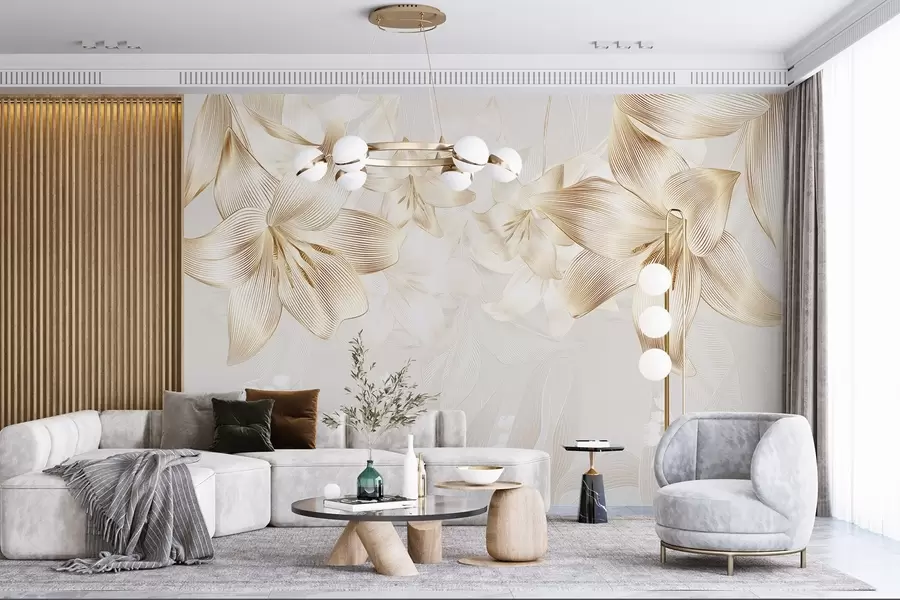 fototapet Crini galbeni cu linii complicate, aranjament floral elegant, paleta de culori neutre w08912