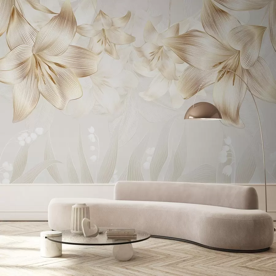 fototapet Crini galbeni cu linii complicate, aranjament floral elegant, paleta de culori neutre w08912