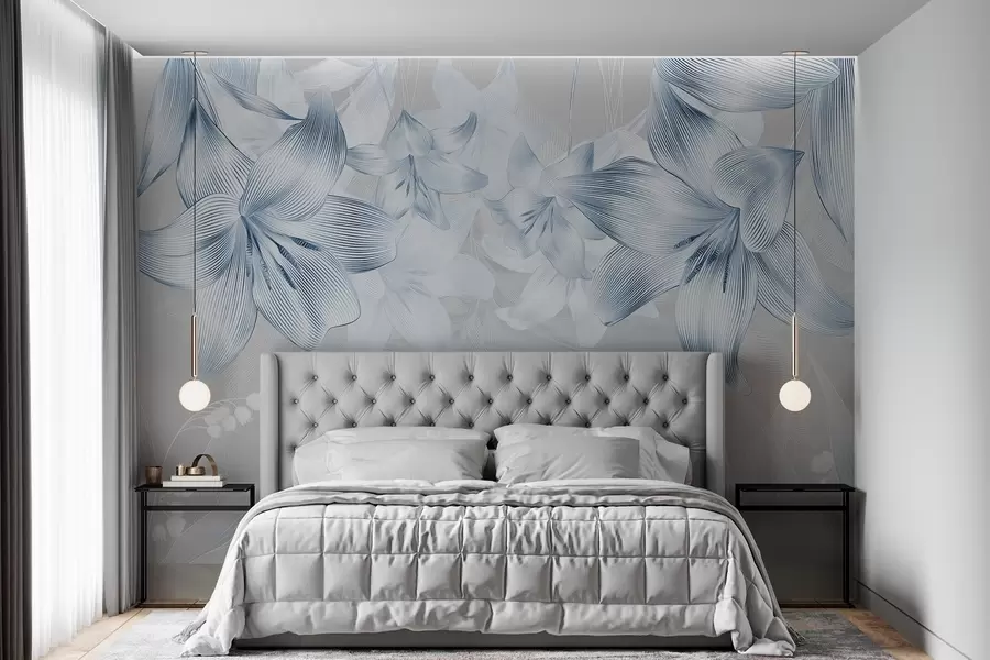 fototapet Crini albaștri cu linii complicate, aranjament floral elegant, paletă de culori neutre w08912v1