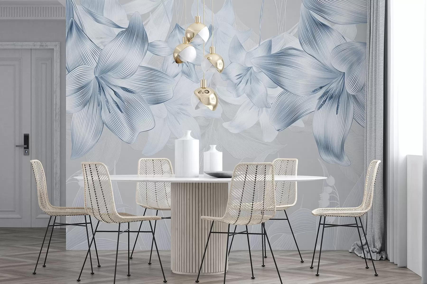 fototapet Crini albaștri cu linii complicate, aranjament floral elegant, paletă de culori neutre w08912v1