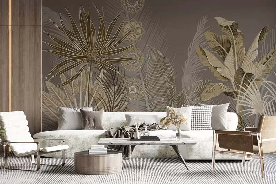 fototapet Frunze tropicale în tonuri bej și maro, frunze de palmier, frunze de banane și ornamente mandala, fundal întunecat w08913v1