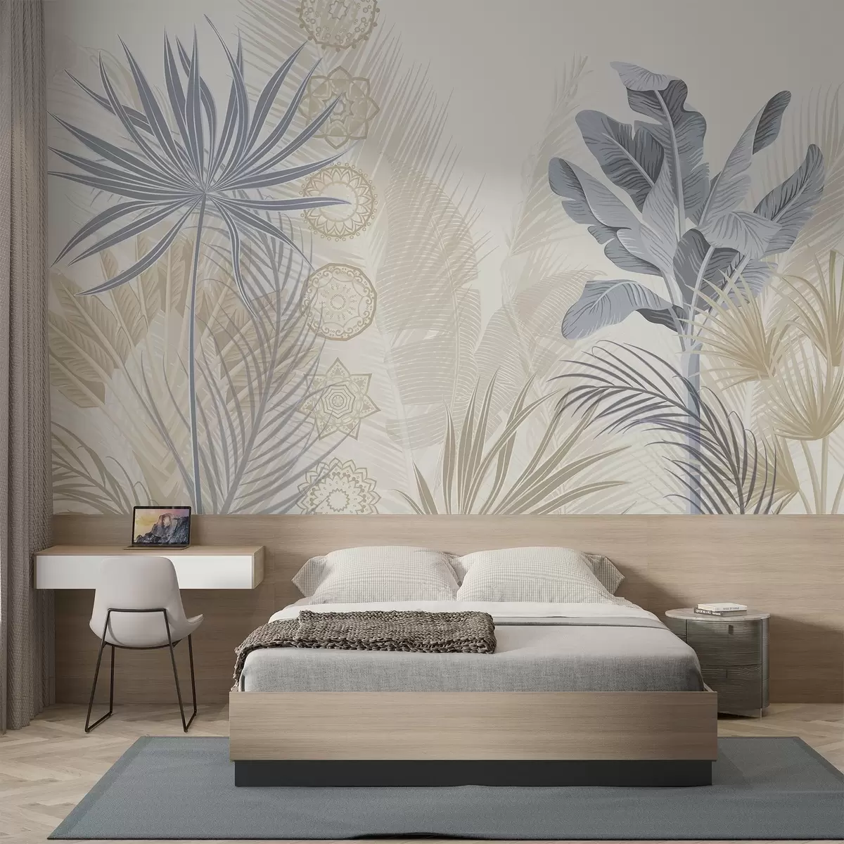 fototapet Frunze tropicale în tonuri de albastru și bej, frunze de palmier, frunze de banane și ornamente mandala, fundal deschis w08913v2