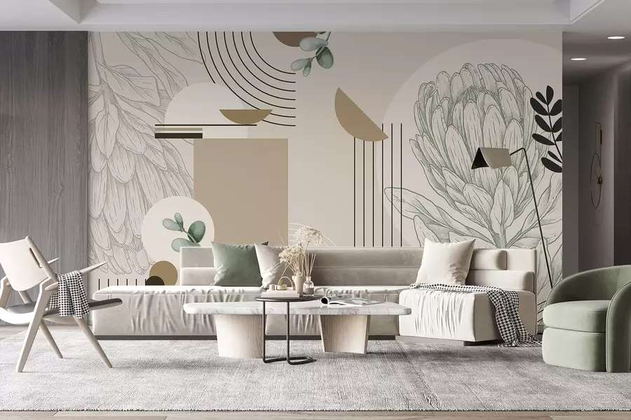 fototapet Print botanic abstract cu flori de protea, frunze de eucalipt, forme geometrice în stil minimalist, culori pastelate w08914