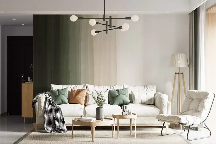 fototapet Print gradient minimalist abstract cu dungi verticale de verde închis, bej și alb  w08915