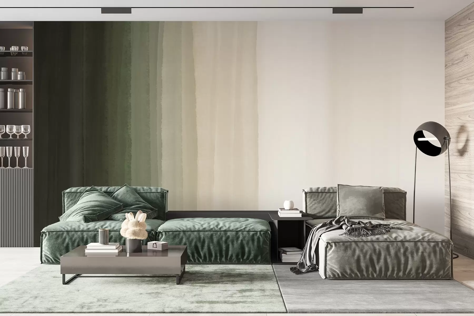 fototapet Print gradient minimalist abstract cu dungi verticale de verde închis, bej și alb  w08915