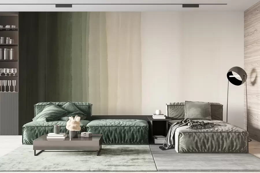 fototapet Print gradient minimalist abstract cu dungi verticale de verde închis, bej și alb  w08915