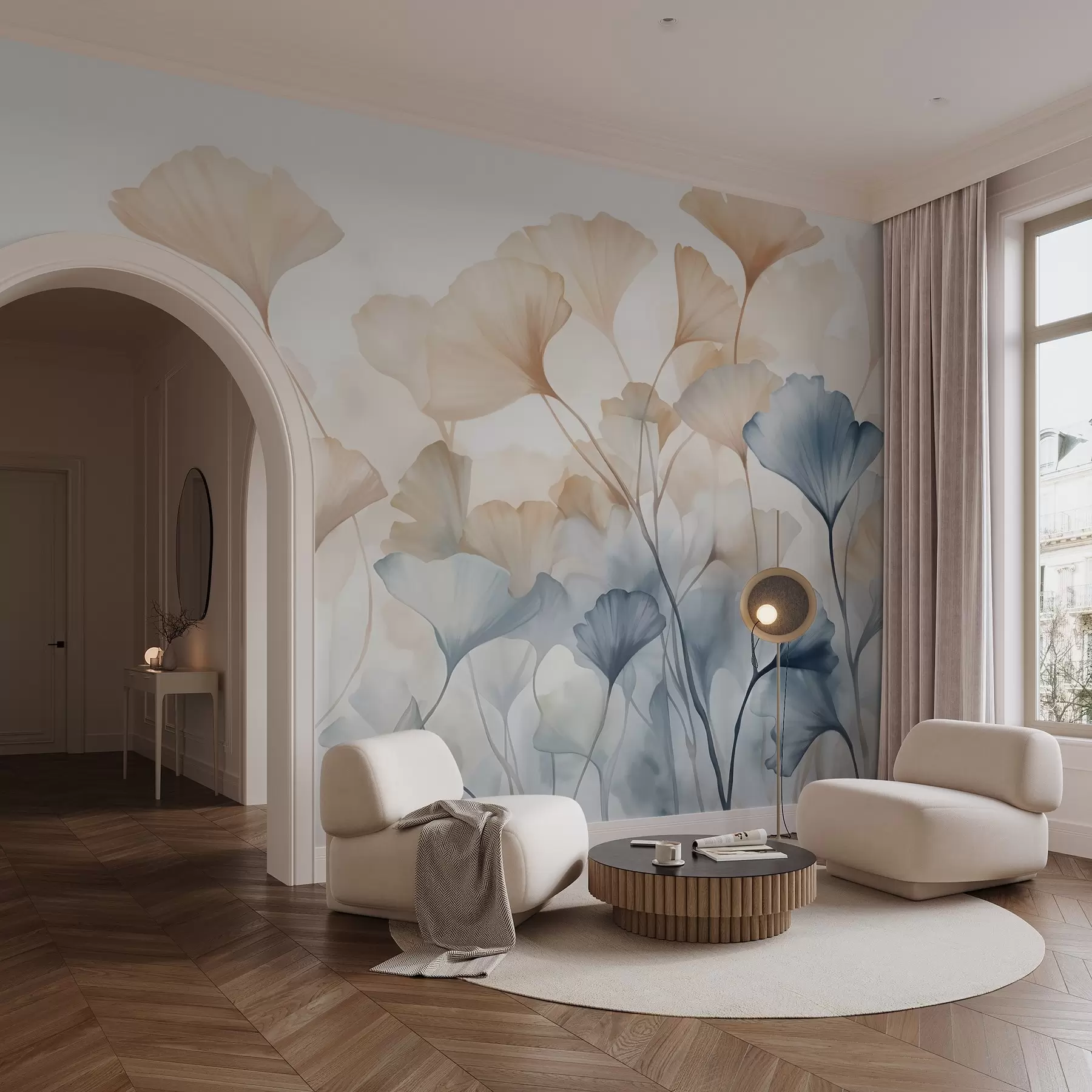 Tablouri Frunze de Ginkgo în acuarelă albastră și portocalie, petale translucide, tulpini delicate, paletă de culori moi w08917