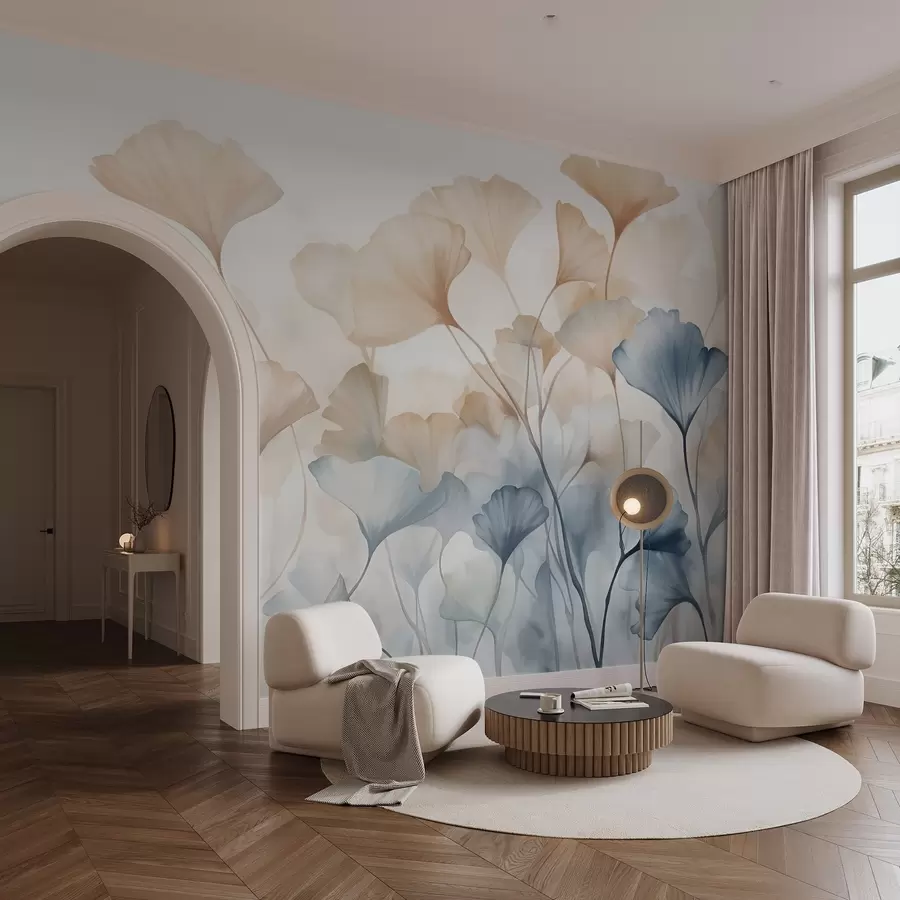 fototapet Frunze de Ginkgo în acuarelă albastră și portocalie, petale translucide, tulpini delicate, paletă de culori moi w08917