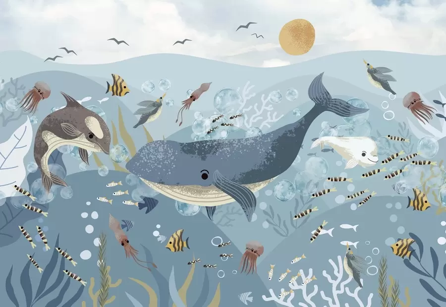 fototapet Copii ilustrare imprimare drăguț cu balena albastră înconjurat de pești, calmarii, meduze într-un ocean albastru cu bule w08921
