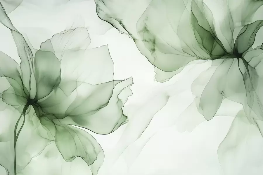 fototapet Flori în stil fluid, abstracție florală, acuarelă, paleta de culori verde  w03406
