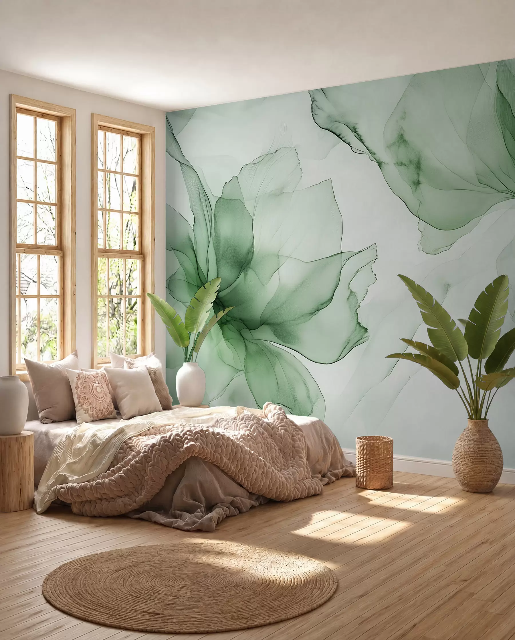 fototapet Flori în stil fluid, abstracție florală, acuarelă, paleta de culori verde  w03406