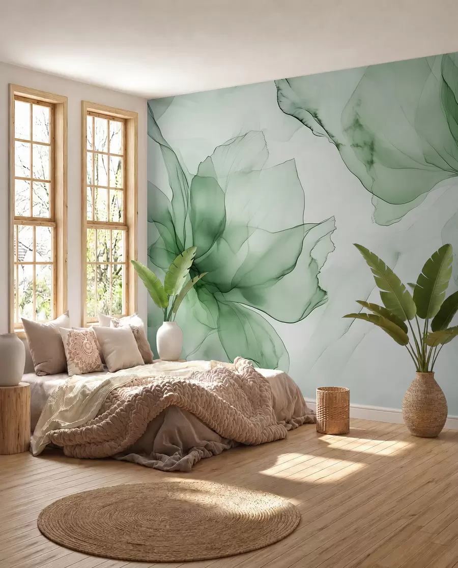 fototapet Flori în stil fluid, abstracție florală, acuarelă, paleta de culori verde  w03406