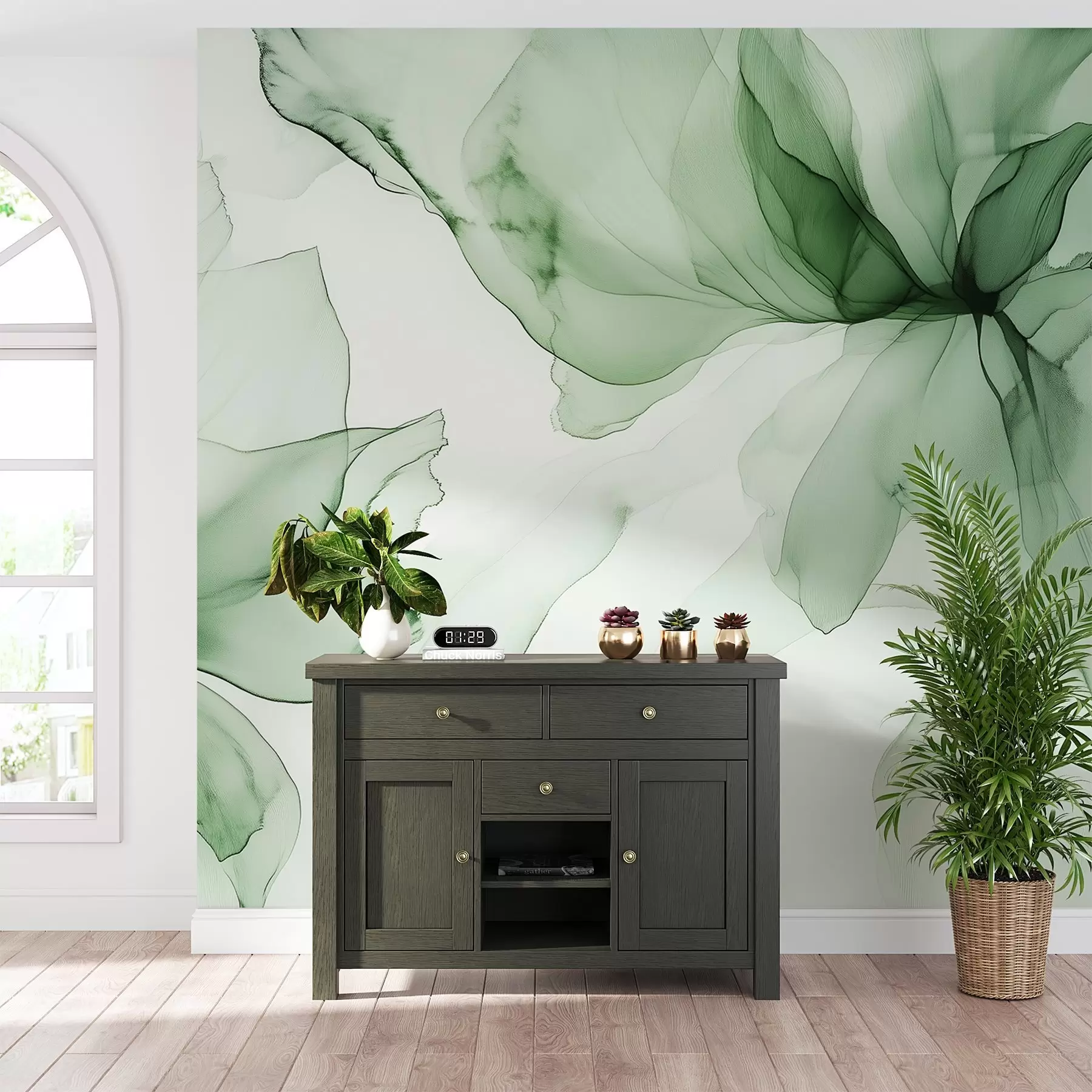 fototapet Flori în stil fluid, abstracție florală, acuarelă, paleta de culori verde  w03406