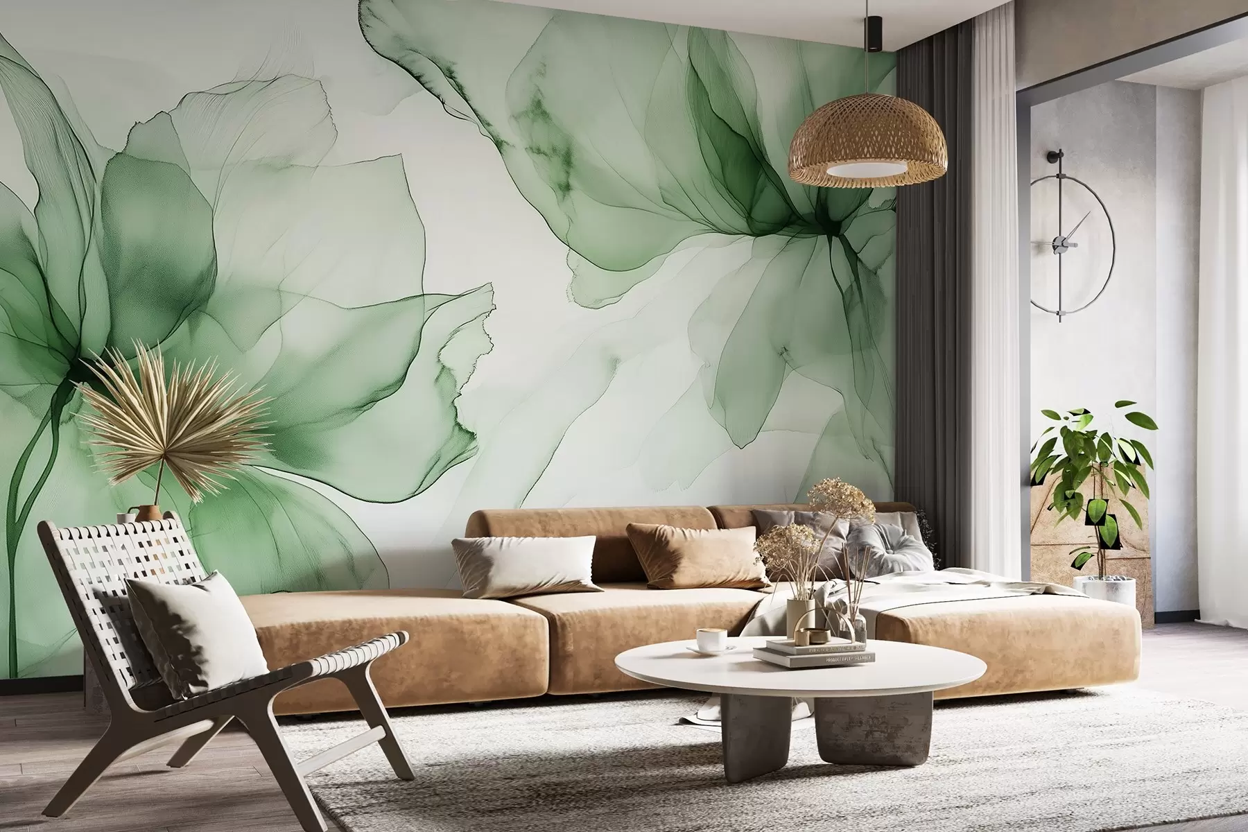 fototapet Flori în stil fluid, abstracție florală, acuarelă, paleta de culori verde  w03406