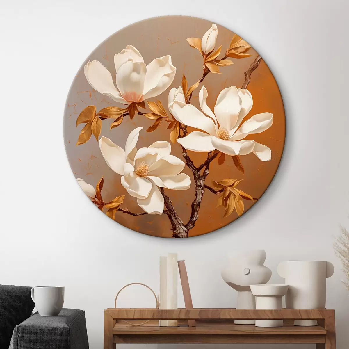 Picturi rotunde Stil pictură în ulei cu o magnolie albă pe o ramură pe un fundal galben r43361