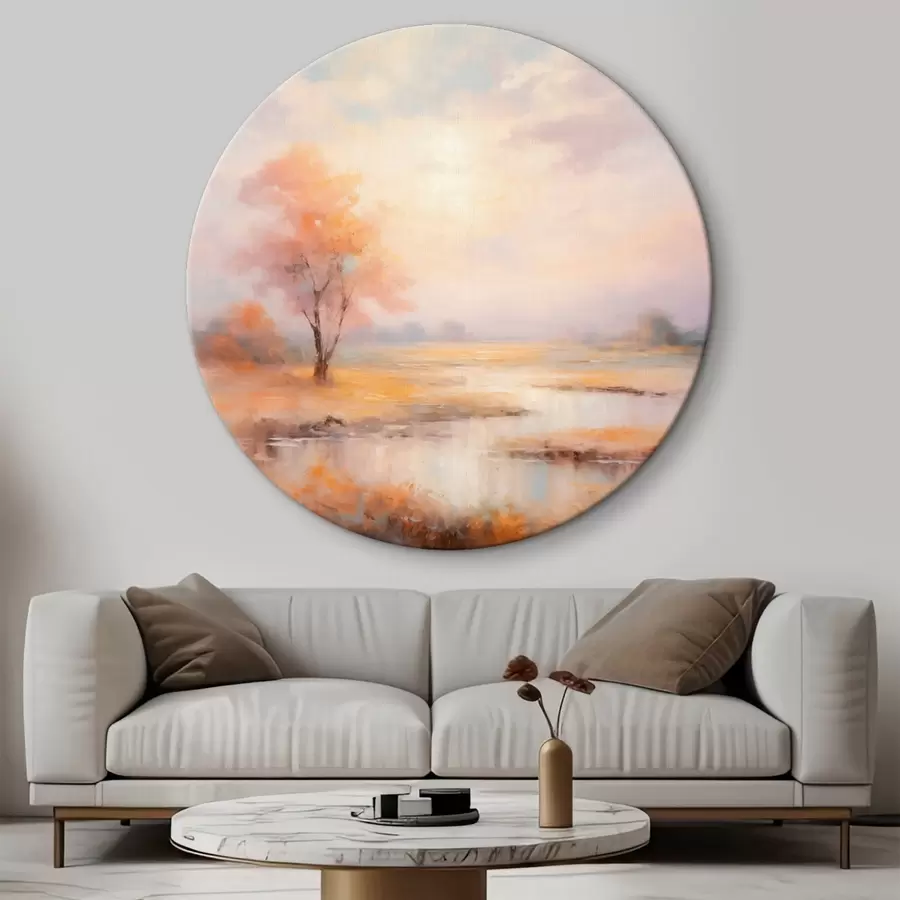 Tablouri Peisaj în nuanțe calde cu un râu și un copac r43375