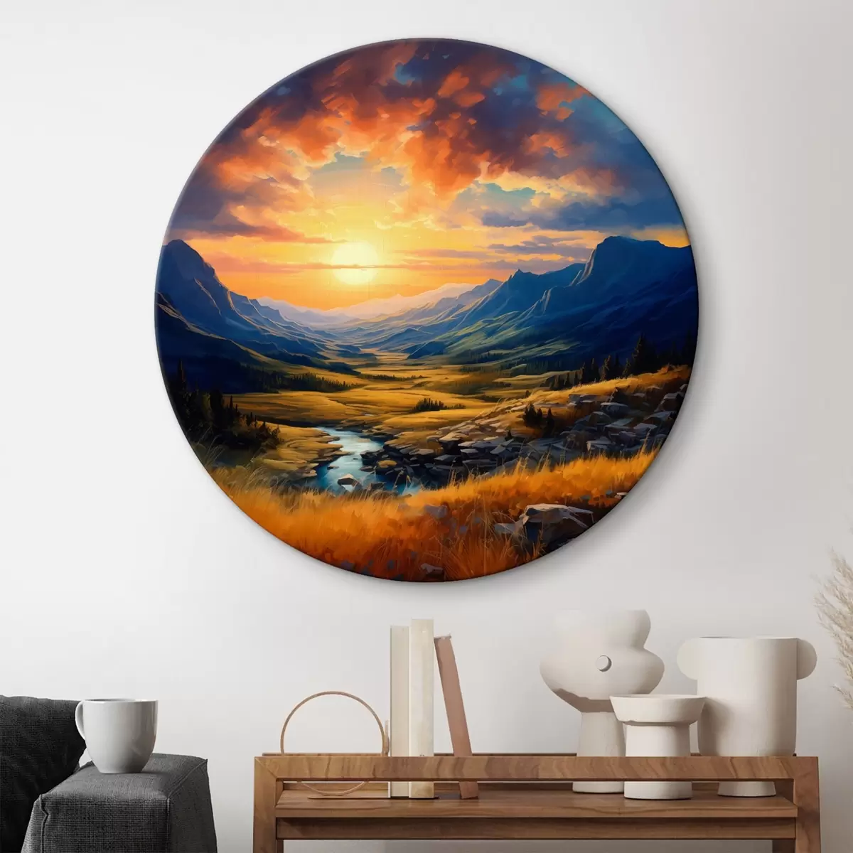 Picturi rotunde Peisaj montan la apus de soare r43378