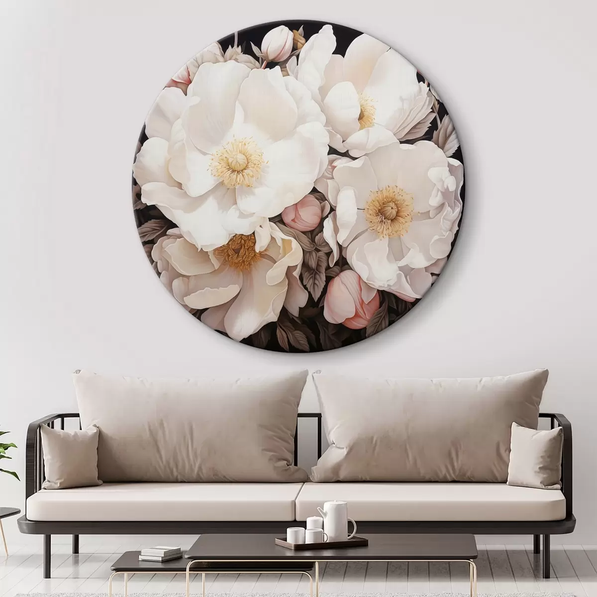 Picturi rotunde Flori albe de bujor pe un fundal întunecat în stilul picturii acrilice r43379