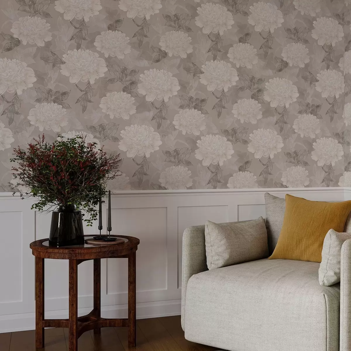 Wallpaper Bujori de culoare deschisă și frunze în stil grunge a00005