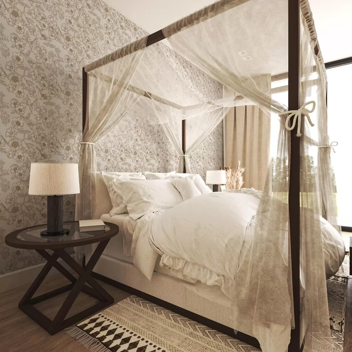 Wallpaper Păsări pictate pe ramuri și flori a00017