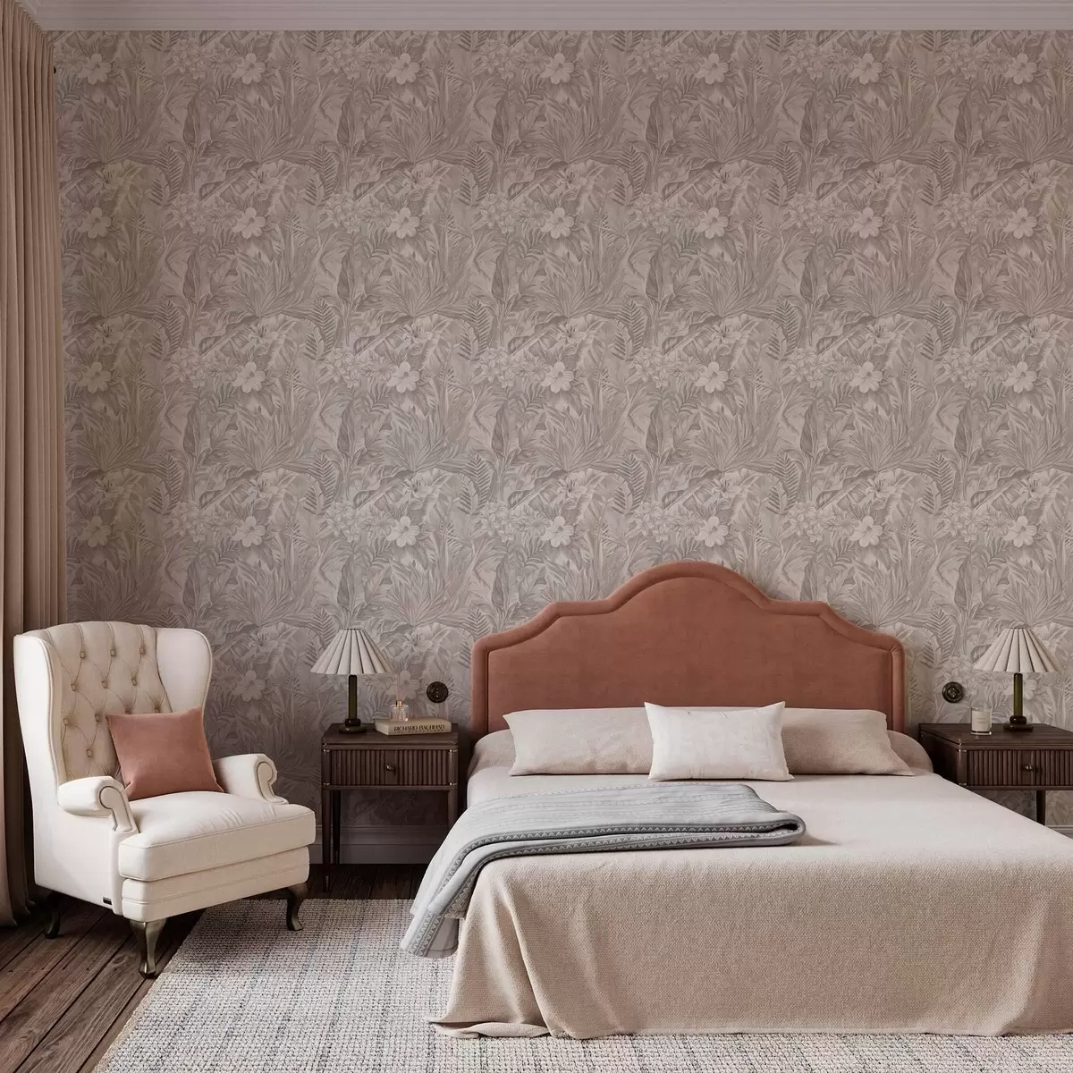 Wallpaper Flori și frunze tropicale în culori pastelate a00024