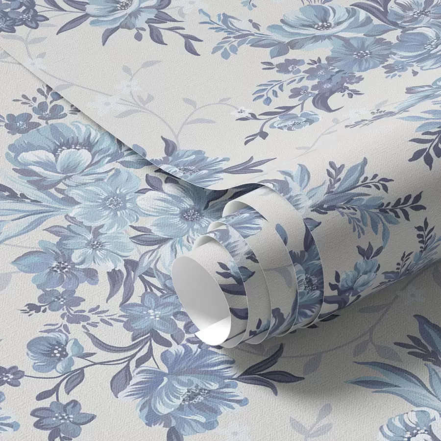 fototapet Flori delicate și frunze în culori albastru și albastru pe un fundal deschis a00027