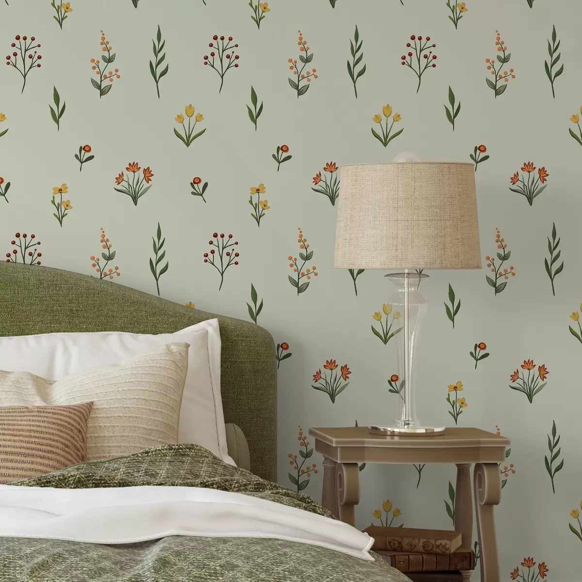 Wallpaper Flori minimaliste pe fundal verde deschis a00037