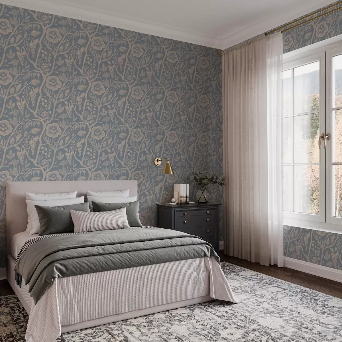 Wallpaper Flori albe, tulpini și struguri pe un fundal albastru a00044