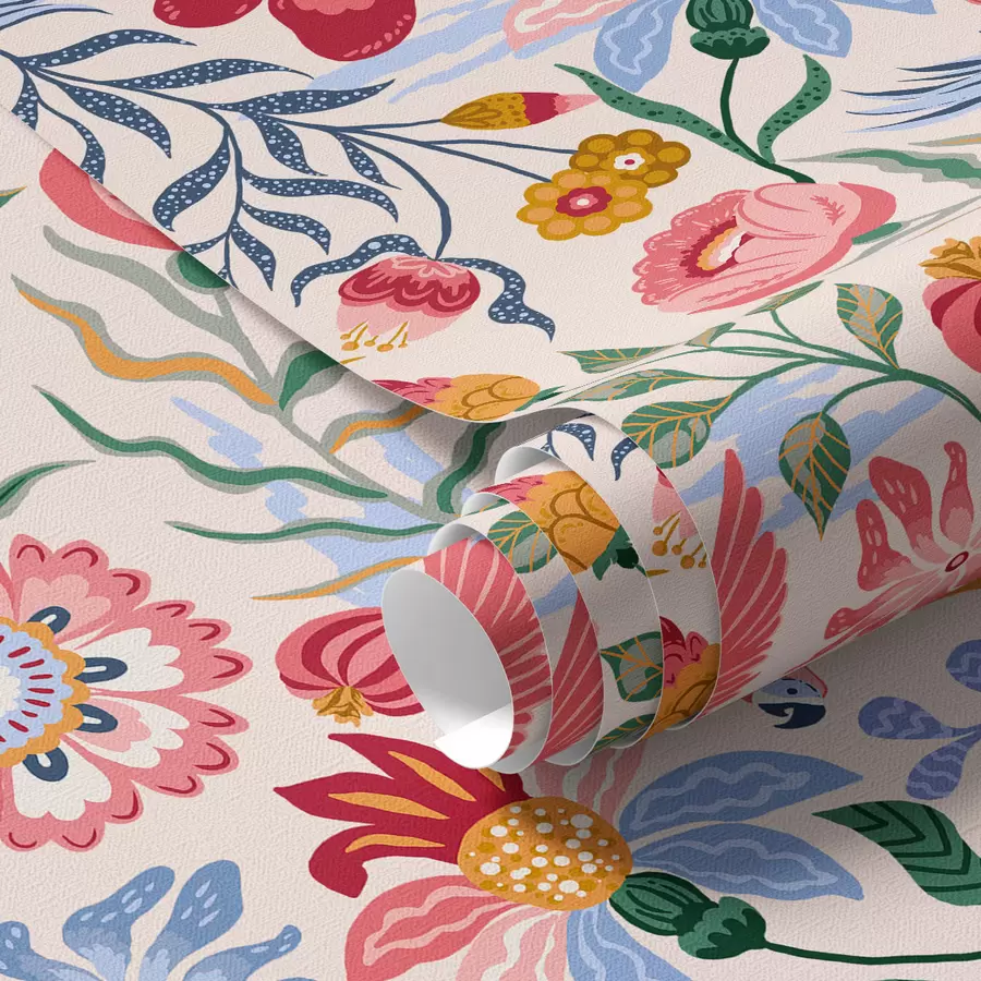 fototapet Compoziție luminoasă de flori și fructe de pădure cu papagali a00046