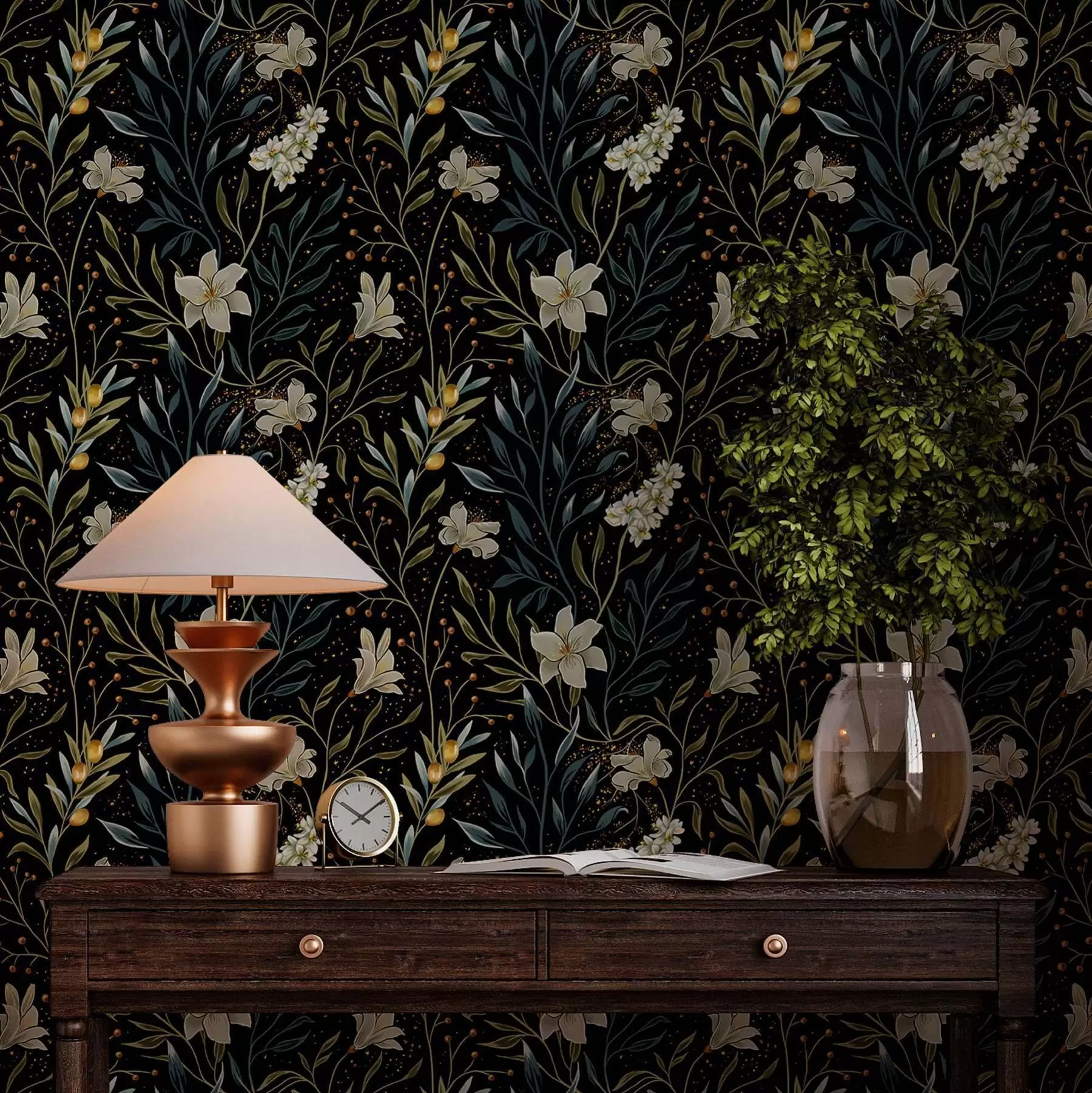 fototapet Compoziție de flori luminoase și frunze întunecate pe un fundal întunecat a00053