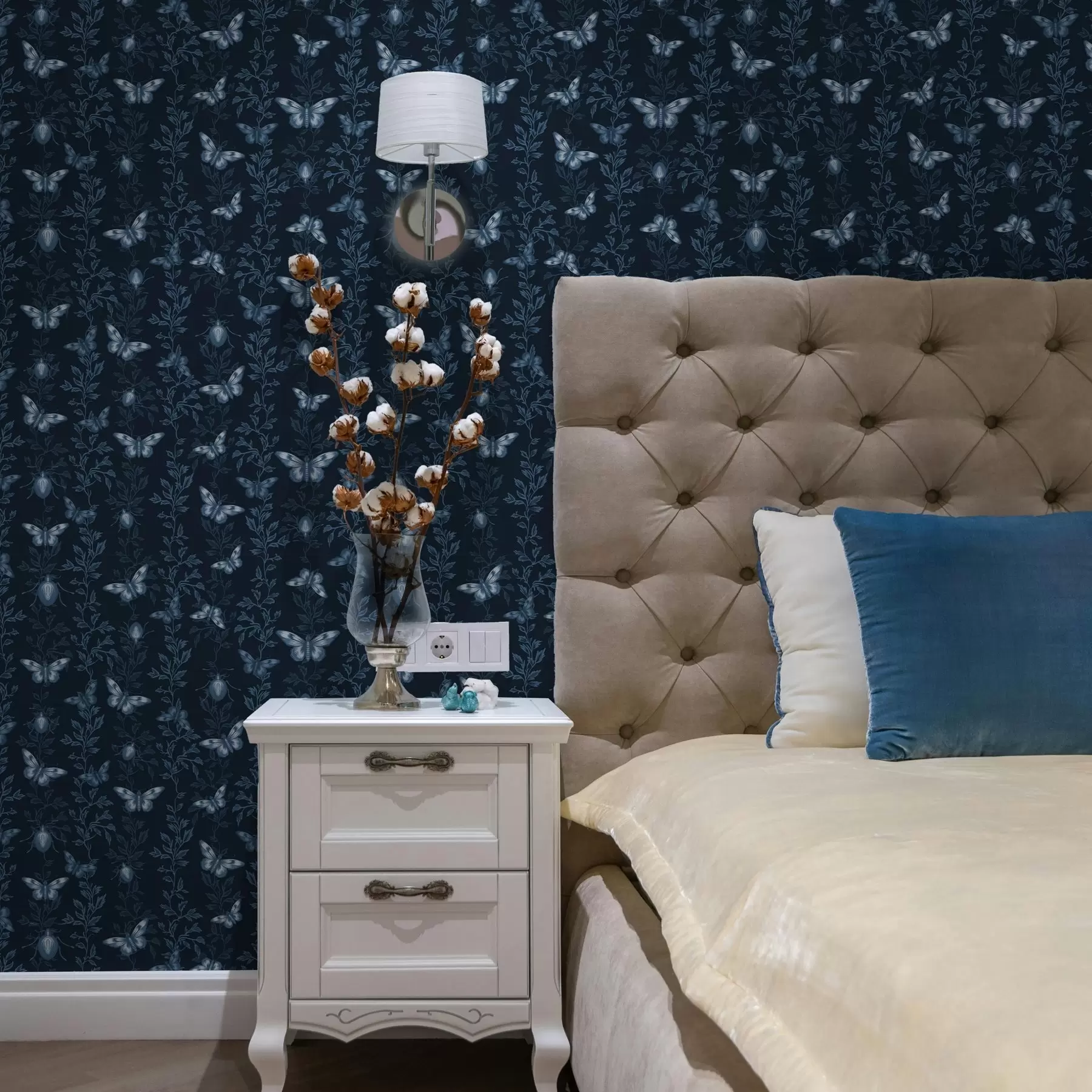 fototapet Compoziție cu fluturi, frunze și insecte pe fundal albastru a00073