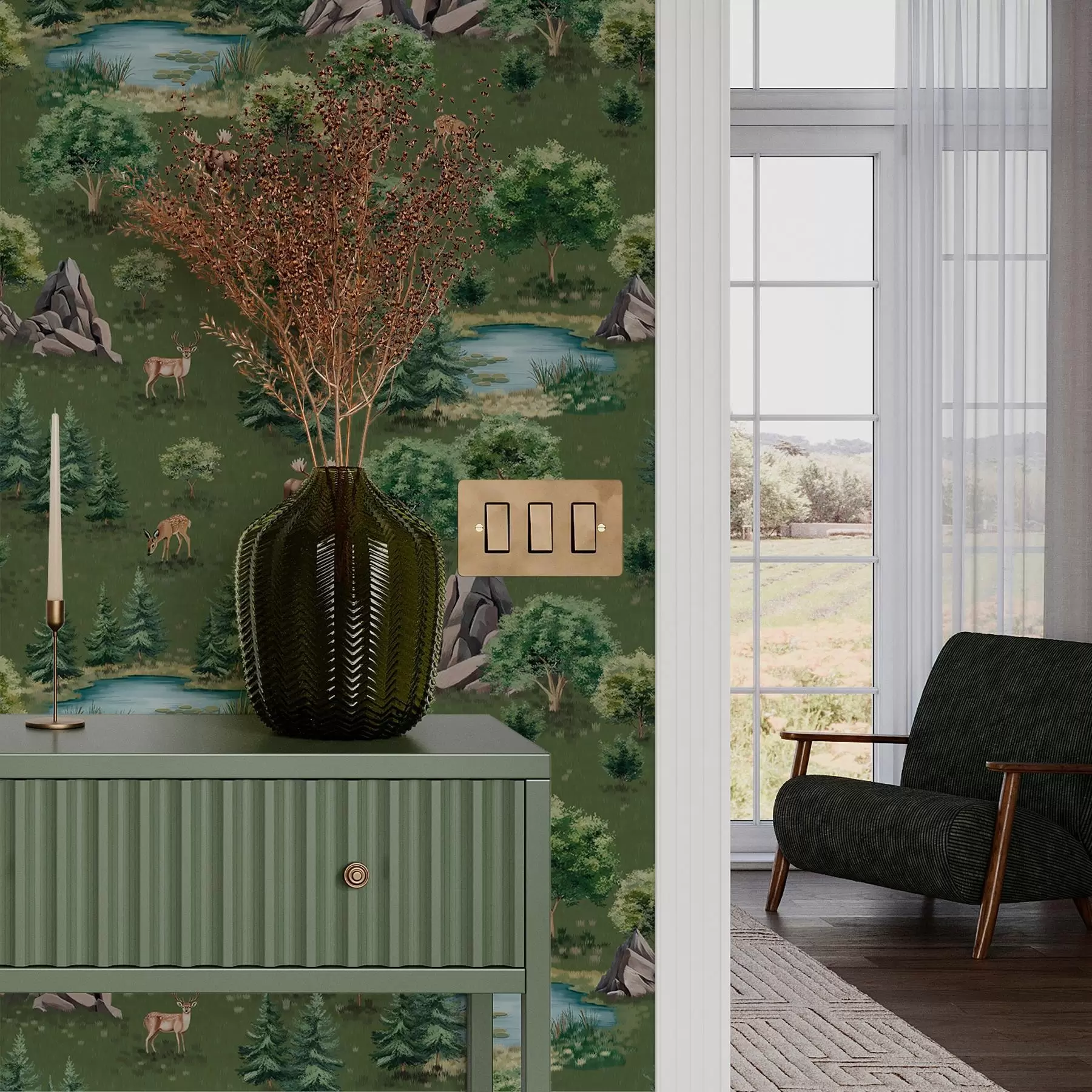 fototapet Cerb lângă lac cu copaci și pietre a00086