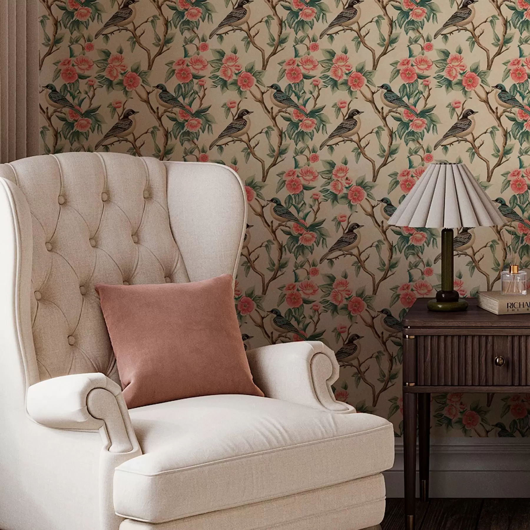 fototapet Păsări mici pe ramuri cu flori pe fundal deschis a00093