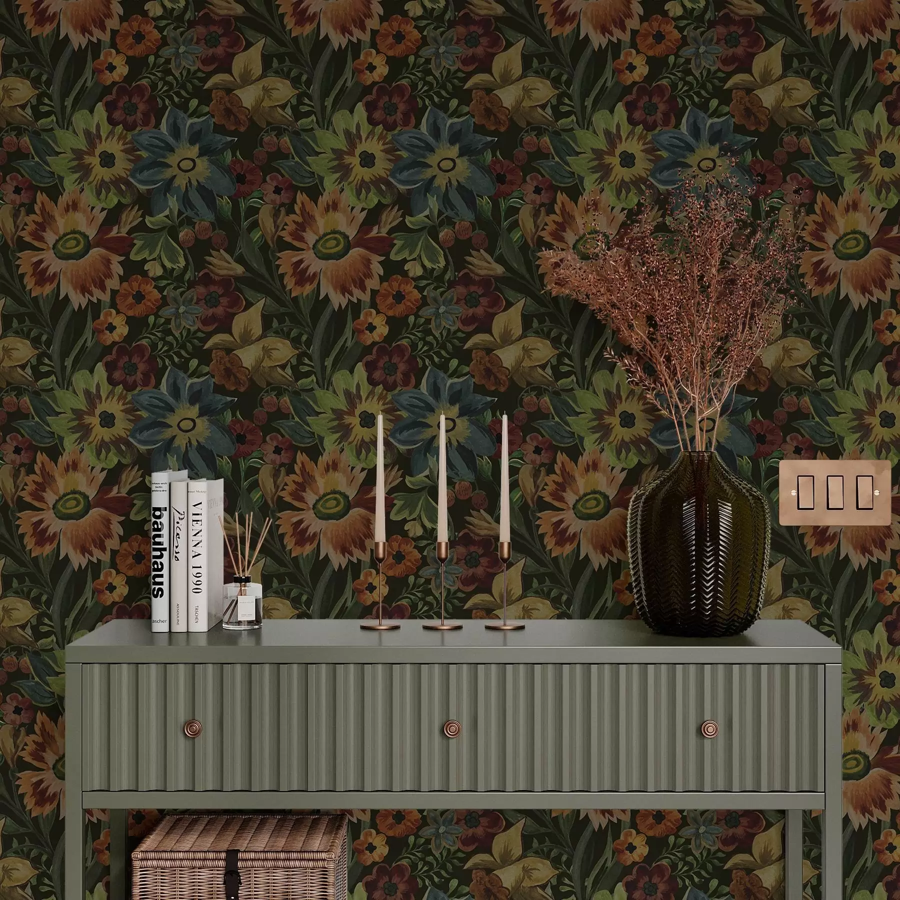 fototapet Flori și frunze întunecate pe fundal întunecat a00100