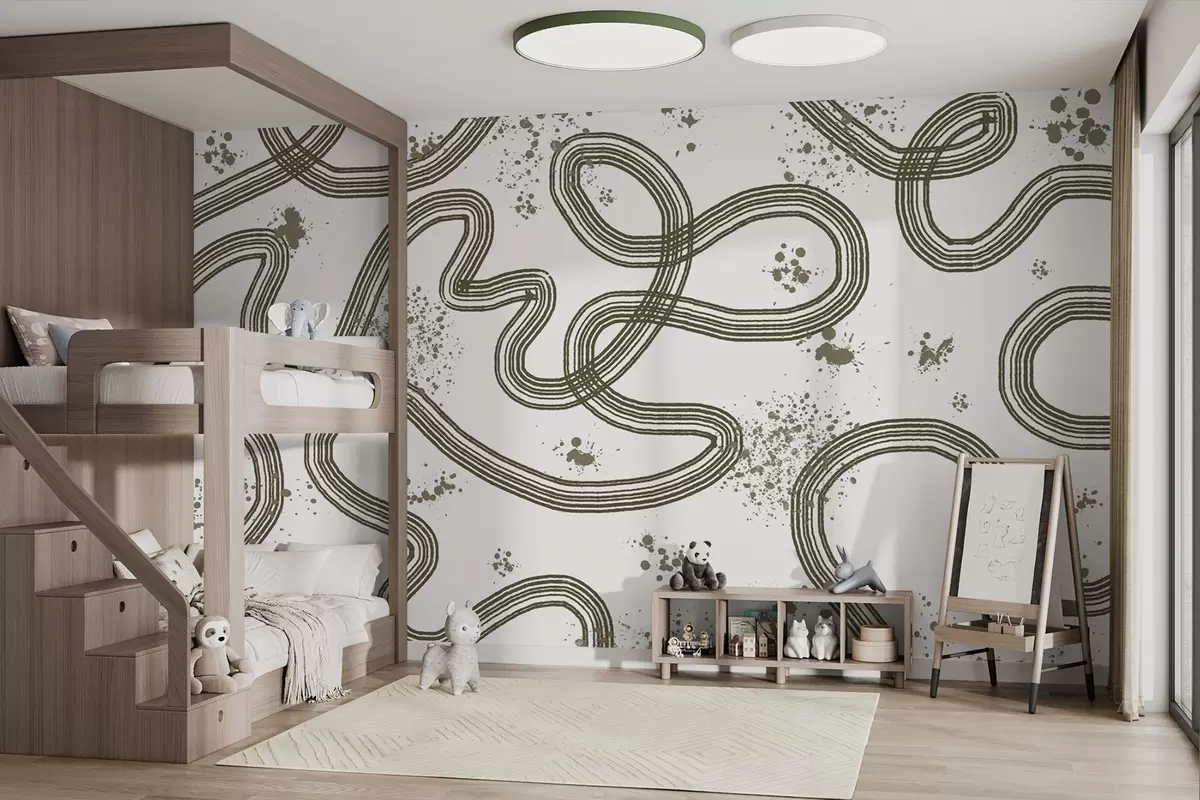 fototapet Desen line art, stropi de vopsea, minimalism, culoare măslinie w03408