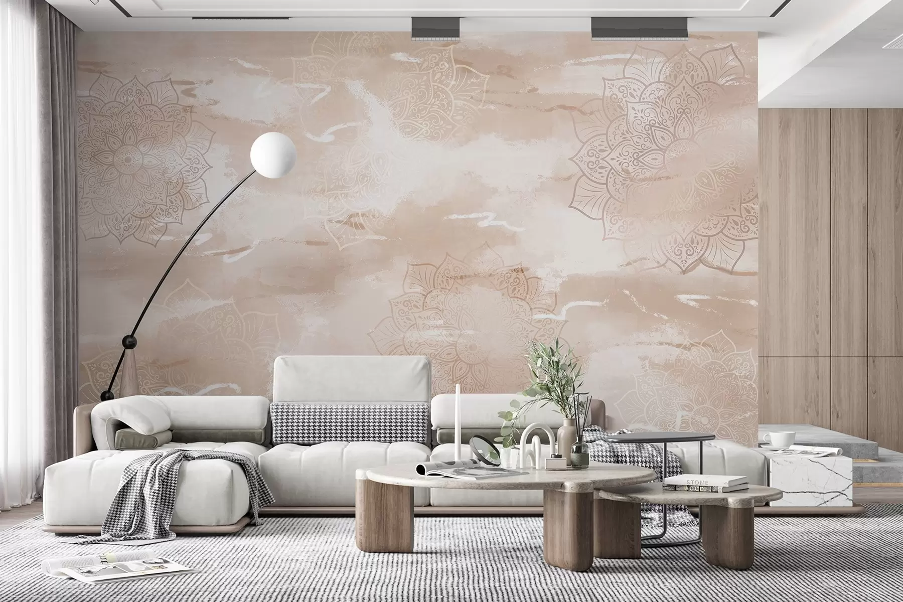 fototapet Mandale pe fundal pastel, lovituri de perie vii, culori bej w03409